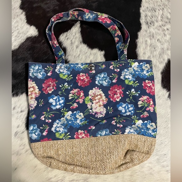 Floral Reusable Tote Bag Cotton and Straw Weave Sturdy‎ - Picture 1 of 5